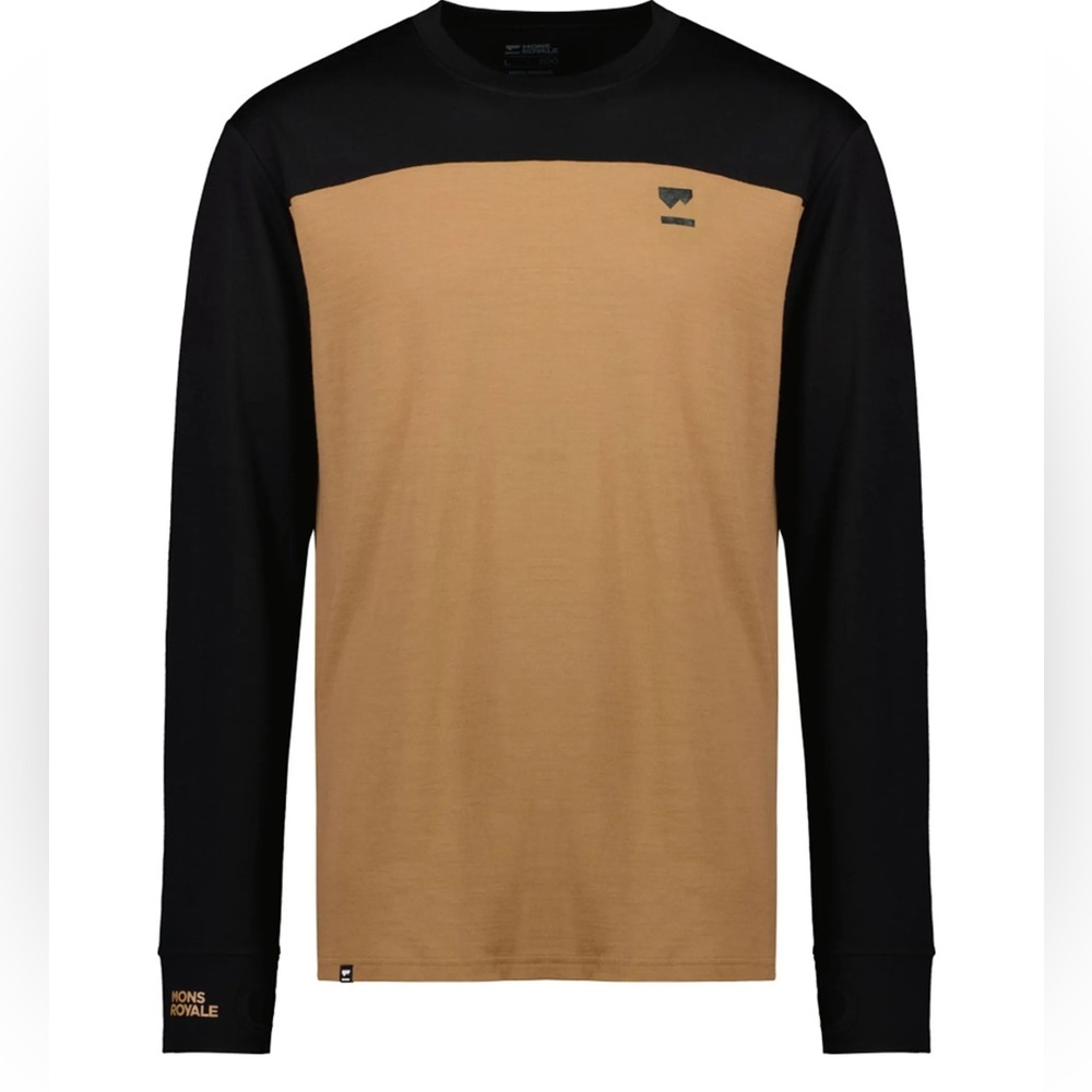 Mons Royale Men's Long Sleeve Merino Wool Base Layer - Black and Toffee XL